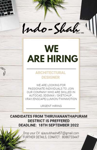 Urgent Hiring!!

For Queries, contact 8086733447
 #3DPlans #jobs #drafting #KeralaStyleHouse #keralamuralpainting #3DKitchenPlan #jobvacancies