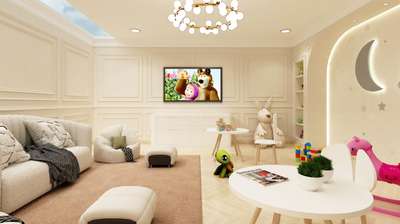 This is a cozy and stylish children's playroom by evolve Interiocrat!!!

The room features light beige walls with classic paneling and a soft beige carpet. The ceiling has recessed lighting and a modern chandelier with multiple round bulbs, adding a touch of elegance 💗🪄