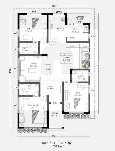 1500 sqft housing plan . with 3 BHK . open kitchen and a beatiful courtyard space near dining. #architecturedesigns  #homerenovation  #KeralaStyleHouse  #interior_courtyard  #openkitchendesign