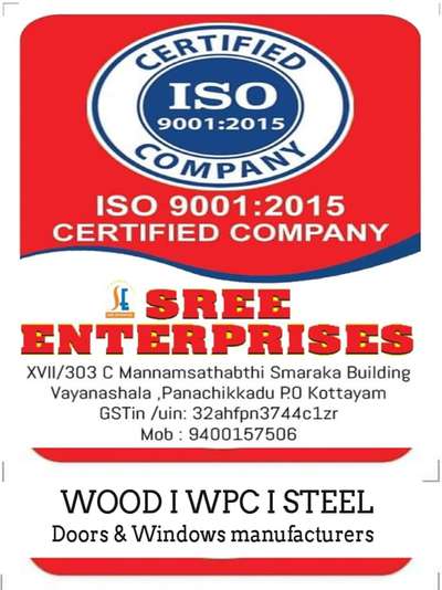 കട്ടിള, ജനൽ, വാതിൽ (WOOD, WPC, STEEL) ഹോൾ സെയിൽ വിലയിൽ...
കേരളത്തിൽ എല്ലായിടത്തും ഫ്രീ ഡെലിവറി.....
കോട്ടയം ജില്ലയിൽ ഉള്ളവർക്ക് ലോൺ സൗകര്യം....

SREE ENTERPRISES
ISO 9001-2015 CERTIFICATE COMPANY 
KOTTAYAM 
+919072586218/9400157506/9745007506

https://www.facebook.com/sreeenterprises.sree?mibextid=ZbWKwL