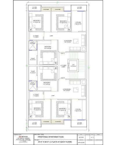 30'x64' apartment floor plan... 2 flats on every floor... 
3bhk flat with a. Toilet, balcony
Car parking ... Lift all facilities