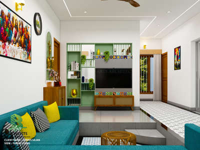 Modern family living space with teal sofa, patterned tiles, and mint green shelving. Bright artwork and wooden accents add style to the elegant setup.

Client : Dennis Sajan. 
Area : Dining