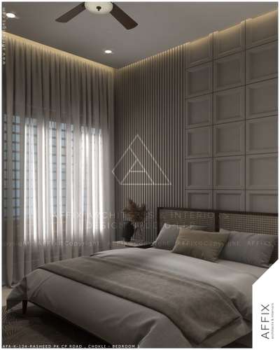 This bedroom is designed to feel calm, modern, and comfortable. The walls use fluted panels and 3D panels to add texture. The bed has a cane headboard with soft fabric. Warm LED strip lights and ceiling lights brighten the room. Sheer curtains allow soft daylight inside. Neutral fabrics, wooden finishes, and simple décor make the space cozy, clean, and relaxing. #Architect  #architecturedesigns  #Architectural&Interior  #kerala_architecture  #best_architect  #luxury bedroom ￼
