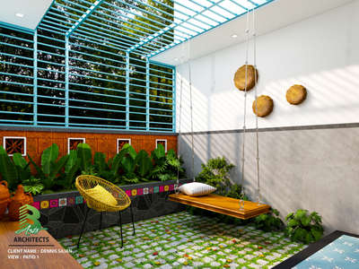 Epic outdoor retreat where a sleek wooden swing meets a funky yellow rattan chair, all set against a teal pergola and lush green backdrop 🌴🪂.

Client : Dennis Sajan
Area : Patio