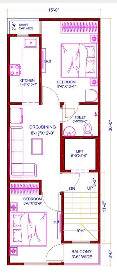 Sketch plan of 15'-0"x36'-0"
2 bhk