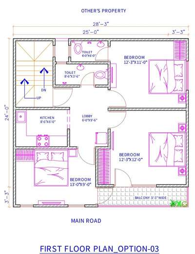 sketch plane of 28'-0"X27'-0".(3bhk)