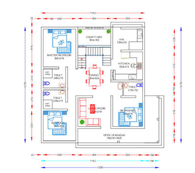 A well-planned 3BHK single-storey house of around 1250–1300 sq.ft, featuring a spacious living room, central dining, bright courtyard, master bedroom with attached toilet, functional kitchen with work area, and a welcoming open verandah. Designed for comfortable family living with excellent ventilation and efficient space use.
 #FloorPlans  #modernhome #courtyard  #3BHK