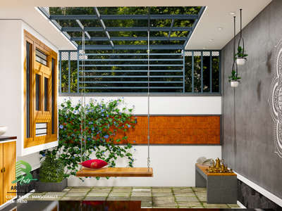 Serene patio vibes 🌿🪂 Wooden swing with a red pillow swaying among blue-flowered climbers, grey mandala wall art, and a touch of golden accents on the side table — pure relaxation goals! 

Client: Mansoor ali
Area : Patio view