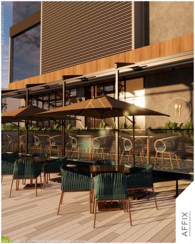 A sleek steel pergola with retractable fabric canopy defines the outdoor dining zone, while patterned ceramic tiles and warm timber cladding enrich the material palette. Linear planters introduce a lush green buffer, balancing the bold geometry of the façade. Carefully layered seating, ambient wall lighting, and stepped access create a seamless, contemporary frontage that extends the hotel’s hospitality experience into the outdoors. #Architect  #cafe  #architecturedesigns  #cafeinterior