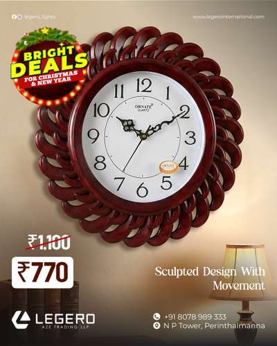 A timeless wall clock that adds elegance to any space.

Now available at a festive offer price of ₹770 — a perfect blend of style, value, and classic charm.

 #LegeroLights#BrightDeals
#ChristmasNewYearOffer