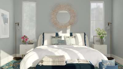 This chic blue mid-century modern bedroom feels beautiful and feminine with accents of gold, white, shades of blue and mixed patterns. Adding floral arrangements to nightstands and an oversized sunburst mirror above the bed accentuates the theme of cozy, calm, and chic.#interior #decor #ideas #home #interiordesign #indian #colourful #decorshopping