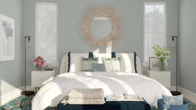 This chic blue mid-century modern bedroom feels beautiful and feminine with accents of gold, white, shades of blue and mixed patterns. Adding floral arrangements to nightstands and an oversized sunburst mirror above the bed accentuates the theme of cozy, calm, and chic.#interior #decor #ideas #home #interiordesign #indian #colourful #decorshopping