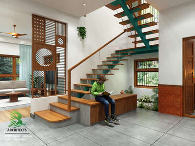 A modern stair design that blends wood, open risers, and clean lines
creating an airy, spacious transition between floors. The warm textures and natural lighting add a calm, inviting feel to the heart of the home.

 Client: Arun AJ | View: Stair Area