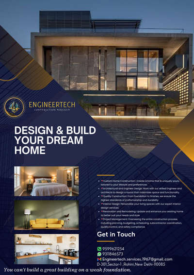 ✨ ENGINEERTECH

Design-to-build Construction Services. Our Expert Team Specializes In Delivering Top-notch Turnkey Projects In Delhi, Tailored To Your Specific Needs, Preferences And Budget.
Let Us Help You Build The Perfect Home.

Our Services:-

▪️Civil Engineer Consultation
▪️Structural Consulting
▪️Interior & Architectural Design
▪️Renovation And Remodeling
▪️Costume Home Construction
▪️Project Management
▪️Planning & Design To Execution

💫You Can't Build A Great Building On A Weak Foundation
 #CivilEngineer  #architecturedesigns  #InteriorDesigner  #newconstruction #renovations  #Designs   #vastufloorplan  #Contractor