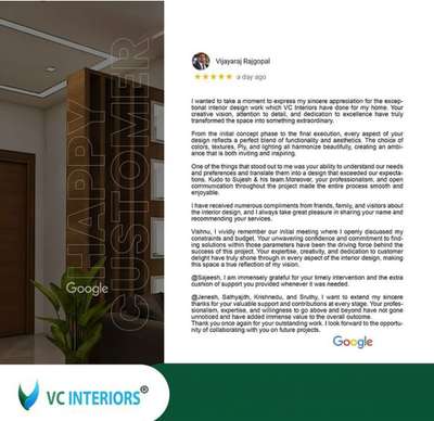 VC Interiors __#Googlereviews 
Nothing gives us more inspiration and joy than seeing our most respected and beloved  clients coming together to share a few good words about our work. Thank you all for your kind and inspiring words💫
#vcinteriors #interiors #customerfeedback #testimonials #testimonal #InteriorDesigners #trivandrum #InteriorDesigner #Instagram #interiordesign #google