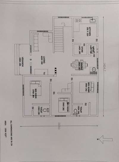 1500 sqft home plan with 3 bed room