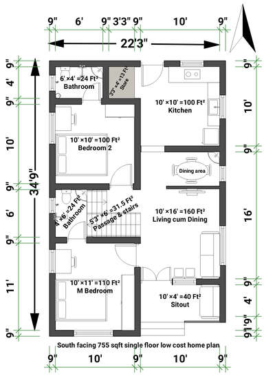 South facing 755 Sqft 2BHK house plan as per kerala vastu 
 #budgethomeplan 
 #lowcosthomes