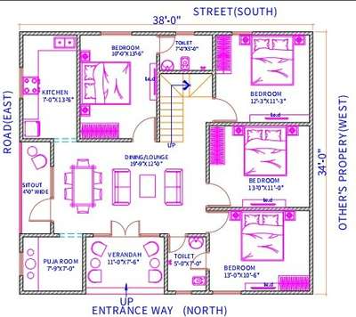 sketch plane of 34'-0"X38'-0".(4bhk)