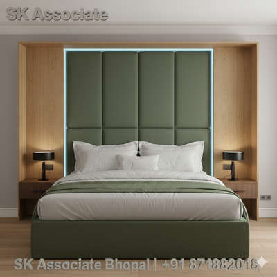 This luxurious bed offers a harmonious blend of natural wood and a deep, comforting green. The headboard, a key design element, features plush green upholstery complemented by a striking sky blue profile light that creates a serene and modern ambiance. Integrated wooden side panels and nightstands provide both aesthetic appeal and practical storage, making this bed a focal point for relaxation and style in any bedroom. It’s designed for comfort and modern living.
​SK Associate Bhopal |

#SKAssociate #FurnitureDesign #CustomFurniture #Woodworking #Carpentry #Carpenter #Furniture #HomeDecor #InteriorDesign #MadeInIndia #Bhopal #CarpenterBhopal #FurnitureBhopal #LocalCarpenter #BudgetFurniture #HandmadeFurniture