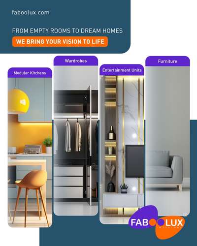 At Faboolux Interiors, we transform your space from empty rooms to dream homes. Specializing in modular kitchens, custom wardrobes, entertainment units, and bespoke furniture, we bring your vision to life with style, functionality, and a touch of luxury.

#FabooluxInteriors #DreamHomeDesign #ModularKitchens #CustomWardrobes #BespokeFurniture #InteriorDesignExperts #HomeTransformation #LuxuryInteriors #FunctionalDesign #StylishLiving