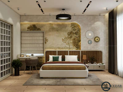 a modern and stylish bedroom with an inviting atmosphere. #MasterBedroom  #BedroomDecor  #cedar  #4DoorWardrobe  #GlassDoors  #bedroomtvunit  #cushionsbed  #WALL_PANELLING