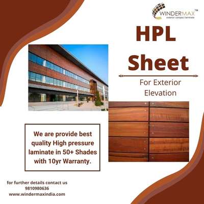 Winder Max India Presenting you exterior elevation product HPL Sheet (High Pressure Laminate)
.
.
High Pressure Laminate
at just 190 per sqft
. 
. 
Stay connected for more information
. 
. 
www.windermaxindia.com
info@windermaxindia.com
Or call us on 9810980278, 9810980397
#hpl #interiordesign #homedecor #interior #bandung #furniture #kitchen #interiordesigner #architect #wallpaper #kitchendesign #sofa #furnituredesign  #designinterior  #furnituremurah #landscapearchitecture #modernhomes #dise #outdoorfurniture #modernhome #luxuryrealestate #outdoors