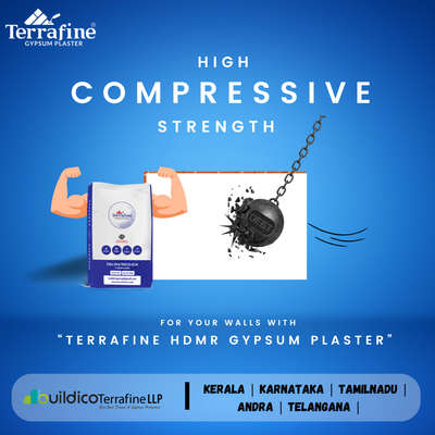 Terrafine HD-MR Gypsum Plaster
>Highly durable
>Highly moisture resistance
›High density material
>Approved by Indian government
>Approved by ISO
>Approved by IGBC
#hdmr #hdmrgypsum #hdmrgypsumplaster
#terrafinehdmr 

Terrafine HDMR gypsum plaster has a higher compressive strength than cement plaster, as proven technically. Cement plaster typically has a compressive strength of 3.5 to 7.5 MPa, depending on the ratio. For example, in a 1:4 ratio, it is 4 to 5 MPa, whereas Terrafine gypsum plaster has a compressive strength of 5 to 7 MPa