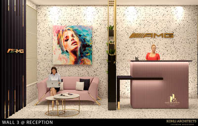 #reception #receptiondesign #sitingarea #waitingarea #pinksofa #WallDecors
