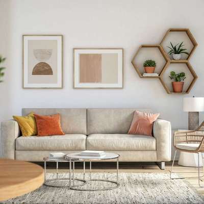 Get this summer lively look with a cream comfy sofa, with summer coloured cushions, pastel artwork, sleek besting coffee tables, hexagon wall shelves and plants to accessorize.
#interior #decor #ideas #home #interiordesign #indian #colourful
