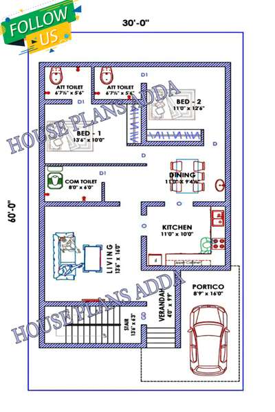 30'×60' House Plan | 2BHK Floor Plan with parking | For more info Google:- HOUSE PLANS ADDA & Join our Facebook Page:- HOUSE PLANS ADDA  #FloorPlans #2BHKHouse #SmallHouse #1500sqftHouse