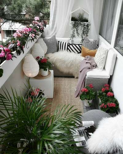 Create a comfy space out of your balcony with these soft pillows and throw blankets. Bring plants and flowers to get a fresh vibe to the space. Use weatherproof and outdoor friendly curtains along with beautiful white drop lanterns to get an elegant look.
#interior #decor #ideas #home #interiordesign #indian #colourful #decorshopping