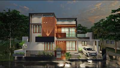 3d elevation and floor plan -  contemporary design with brick as major design elements