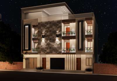 A contemporary residence designed with a refined material palette, featuring a bold central stone façade, warm wooden accents, and elegant vertical lighting elements. The symmetrical balconies with integrated planters add biophilic softness, while the clean lines, subtle detailing, and ambient night lighting create a sophisticated and modern architectural identity