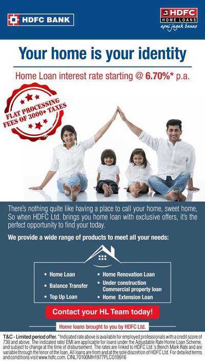 Buy, Build, renovate or redecorate your home with HDFC's range of Home Loan. Enjoy attractive intrest rates, transperent charges, quick Processing and easy Repayment options.. call 9447943143