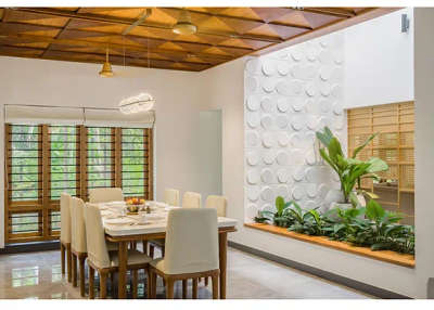 Dining hall with veneer ceiling