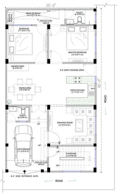 that's only conceptual level design.
we are good and detailed drawing provide in architectural projects. 

Plot Size-1125
Floors- Ground+first floor
Actual plot size and orientation will be shared by the customer.
We will provide you the floor plan according to the vastu with unlimited modifications. We will also provide you the furniture Layout, structural drawings of your entire building like Column, Beam, Foundation, Etc with Door-Window, Electrical, Plumbing drawings and 3D Front Elevation Design(1 side).

We will deliver work in 2 parts.
1: 2d Architecture Floor Planning. You will provide you unlimited changes, until a layout is finalized. Once the layout is finalized then we provide you the furniture layout ,we will move to the next part of work.	
2: Provide you the Structural drawings, Door-Window, Electrical, Plumbing drawings and 3D Front Elevation Design.
Charges for the scope of work: Rs.20,000/-

first payment 30% than finalized final after 70%