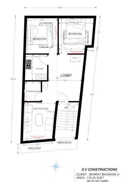 #2D Floor Plan # North facing # Irregular shaped # 2BHK  # 18 feet front