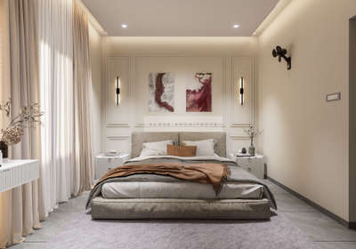 Project : residential 
A modern and elegant bedroom featuring a neutral color palette with warm accents. The soft lighting, minimalist furniture, and layered textures create a cozy yet sophisticated ambiance #Architecture #InteriorDesign #HomeDecor #ModernArchitecture #DesignLover #LuxuryHomes #DreamSpaces #MinimalistDesign #ContemporaryInteriors #architecturaldigest