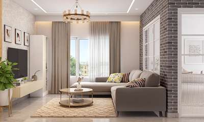 This living room features an industrial rustic design with brick-wall cladding and wooden panelling on either sides of the room. The seating area features an L-shaped sectional sofa with decorative pillows, a round coffee table, area rug and a floor-to-ceiling pair of curtains in solid earthy tones.
#interior #decor #ideas #home #interiordesign #indian #colourful #decorshopping