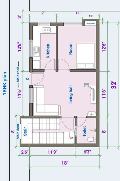 1 BHK plan in small area





(4/- per square foot)