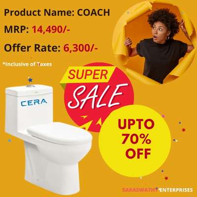 *CERA 1PC EWC COACH*
Mega Discount "SUPER SALE" at Saraswathy Enterprises.. 🤩🤩

Up to 70% off on all selected CERA Products...

Special Discounts for all "House Warming Bulk Purchases" 

It's NOW or NEVER..!!

Hurry up...
*Offer valid till stock lasts...
Enquire Now or Visit our showroom for more discounts...🤩

Contact for more details