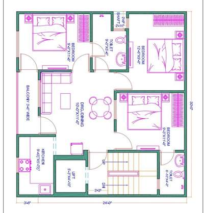 sketch plane of 30'-0"X27'-0".(3bhk)