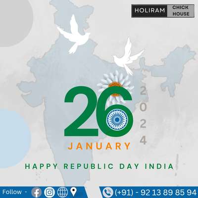 HoliramChickHouse " wishes  #HappyRepublicDay! 🇮🇳
Today we celebrate the spirit of unity, democracy, and the rich cultural heritage of India. Let's remember the sacrifices of our freedom fighters and pledge to uphold the values of our constitution. Jai Hind! 💫🙏
Follow - @HoliramChickHouse
 #RepublicDay2024#IndiaRepublicDay#JaiHind#ProudIndian#Tricolor#UnityInDiversity#IndianRepublic#RepublicDayCelebrations#BharatMataKiJai#IncredibleIndia#RepublicDay2024 #UnityInDiversity #ProudIndian 🕊️🌼
#HoliramDecor#ChickHouseInteriors#HoliramHomeStyle#ChickhouseLiving#ElegantInteriors#Chickhouse#HoliramHomeInspo#ChickhouseDesignTrends
. 
Connect with us at :- 
📲 - (+91) - 92 13 89 85 94 
 🌐 - @holiramchickhouse
Follow | Like | Share ...