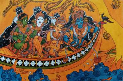 Lord krishna and radha's on boat 
mural painting