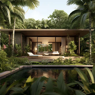 A luxury villa surrounded by tropical trees and water,dark brown and dark beige,wood, botanical abundance concept. 
 #architecturedesigns #Architect #Architectural&Interior #architecture 3d#architecture visualization #archilovers #architecturedaily #ContemporaryDesigns