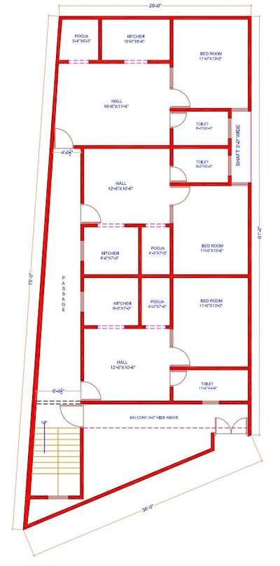 Sketch plan of 28'-0"x61'-0"
(3 unit of 1 BHK)