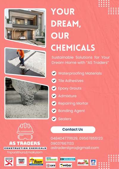 Sustainable Solutions for Your Dream Home with AS Traders.

- Waterproofing 
- Tile Adhesive 
- Epoxy Grout
- Joint Fillers
- Admixture 
- Sealers
- Bonding Agent
- Tile Care Products 
- Repairing Mortar 
- Spacers 
- Wedges 
- Trowel
- Tile Leveling Plier 

 #WaterProofings #tileadhesives #epoxygrout  #jointfiller  #admixture  #sealers  #bondingagent  #tilecare  #mortar  #spacer