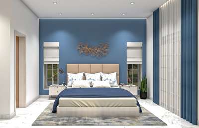 bedroom design. 
 #3d #MasterBedroom #bluedesingns #KingsizeBedroom #minimal #minimalinteriors #monochromatic #bluecolourinterior #keralastylecontemporary