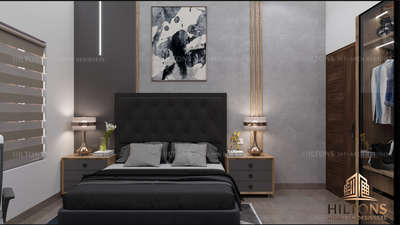 bedroom interior design where gray, a neutral color formed by mixing black and white, is a dominant color choice for walls, furniture, or decor