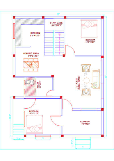 30'x40' North Facing House plan Layout #2DPlans #2dDesign #2BHKPlans #2dDesign #ElevationDesign #ElevationHome #3d